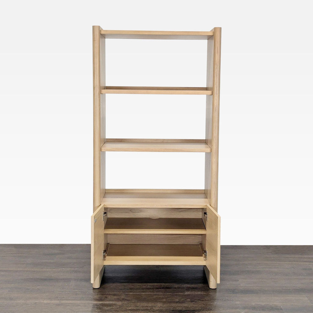 Article brand modern bookshelf featuring three shelves above a lower cabinet with two inner storage compartments.