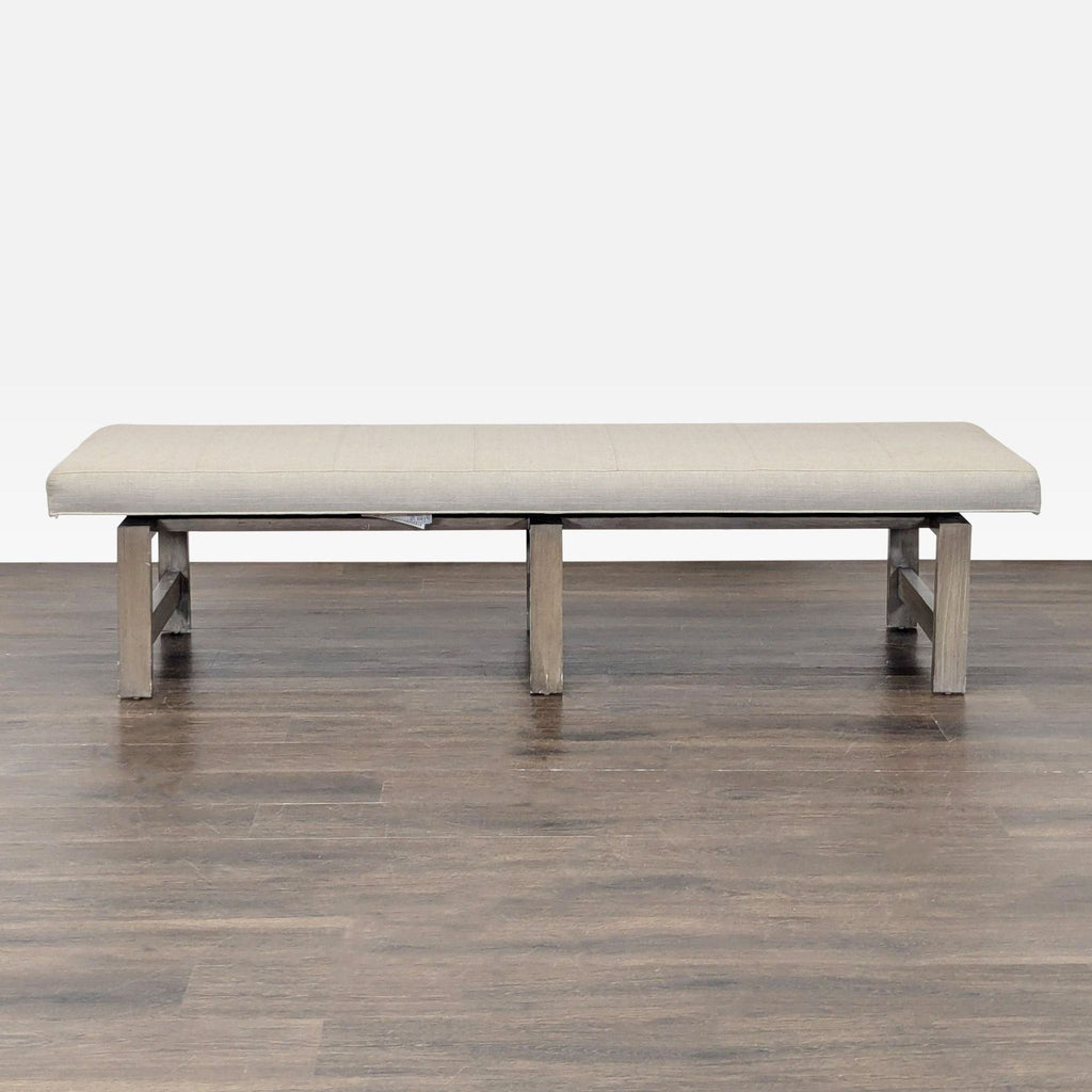 1. Upholstered wood bench by Vanguard Furniture, shown on a wood floor, fits Stools, Ottomans & Benches category.  