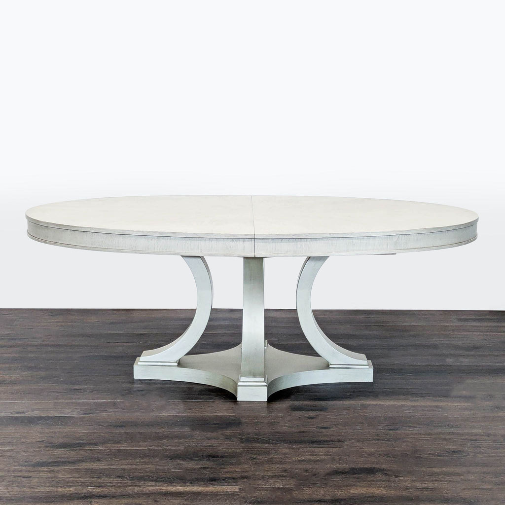 Modern hardwood dining table in shadow grey, extends to 98 inches, by Rachael Ray Cinema Collection.  