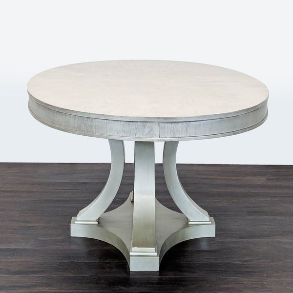 Expandable walnut dining table with leaf, shadow grey finish, from Legacy Classic Furniture/Rachael Ray Cinema.  