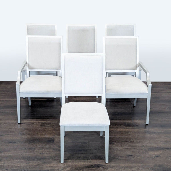Set of two armchairs and four side chairs in shadow grey finish, upholstered front and back, by Rachael Ray Cinema.