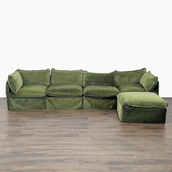 Green Anabei sectional sofa with washable velvet fabric, modular design, and removable ottoman for flexible seating.