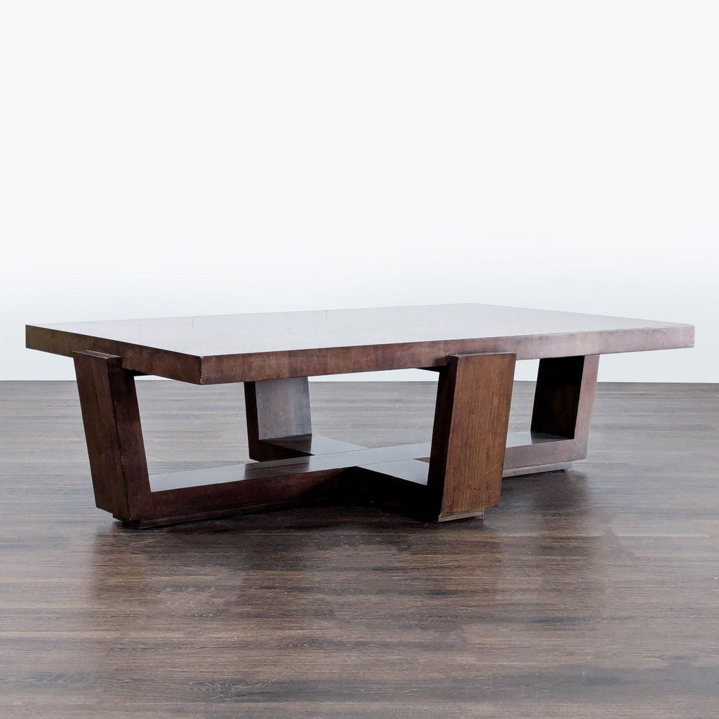 1. Modern coffee table by Lexington Home Furniture with a mocha cherry top and bold geometric base design.