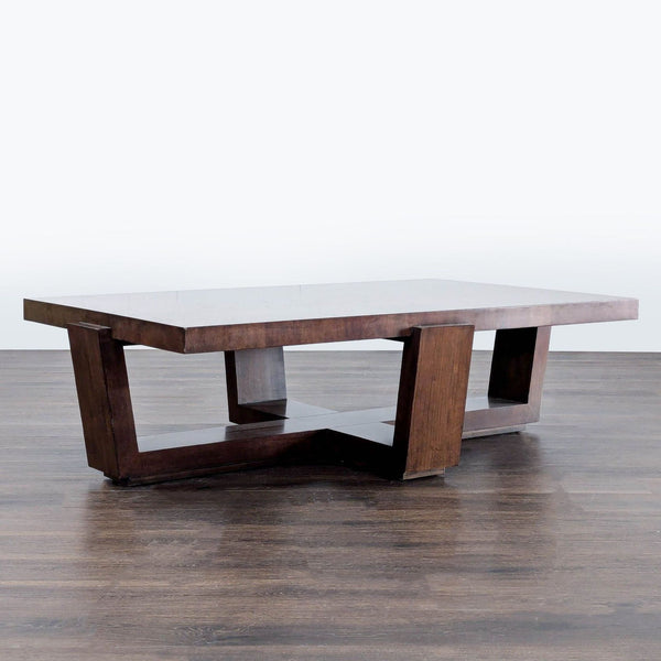 1. Modern coffee table by Lexington Home Furniture with a mocha cherry top and bold geometric base design.