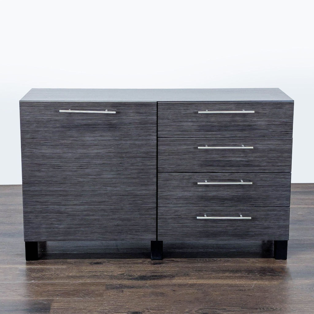 1. Ikea sideboard in dark wood finish with three drawers and one cabinet, shown against a white background.