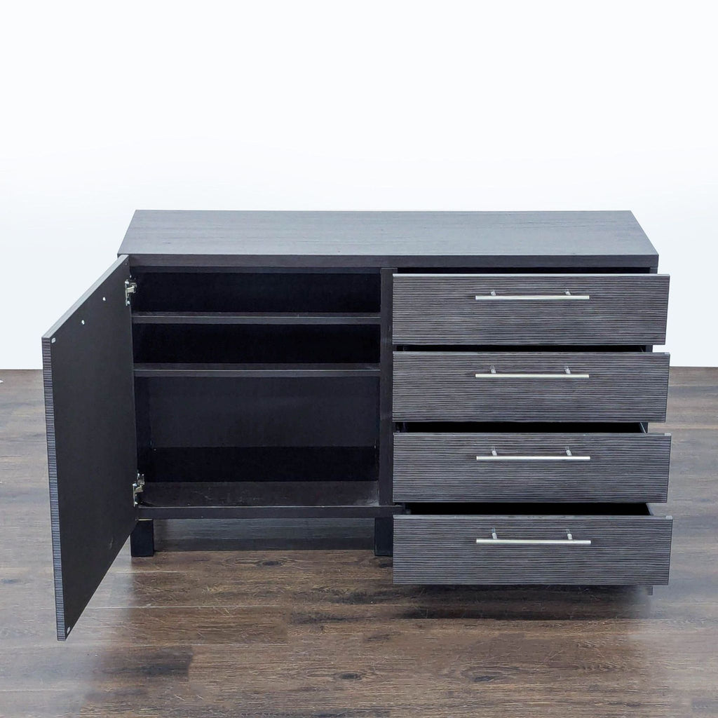 2. Ikea credenza features open drawers and cabinet, displaying interior shelving and storage space.