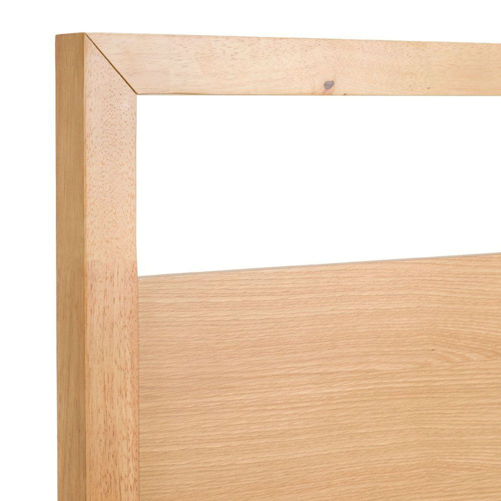 Minimalist Nova Domus bed in wood veneer, showcasing open headboard, sleek Parsons legs, and platform slat support.