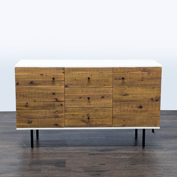 1. West Elm reclaimed wood and lacquer sideboard with mid-century style, featuring drawers and cabinet doors.