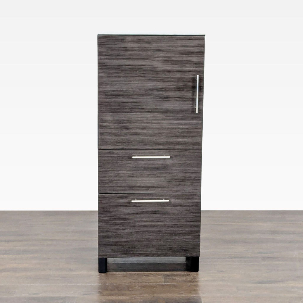 Ikea two-drawer cabinet with adjustable glass shelves, modern design for organized storage.  
