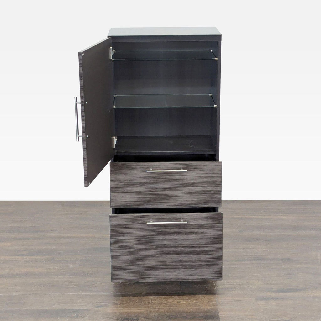 Compact cabinet by Ikea featuring two drawers and customizable glass shelving, ideal for home or office.  