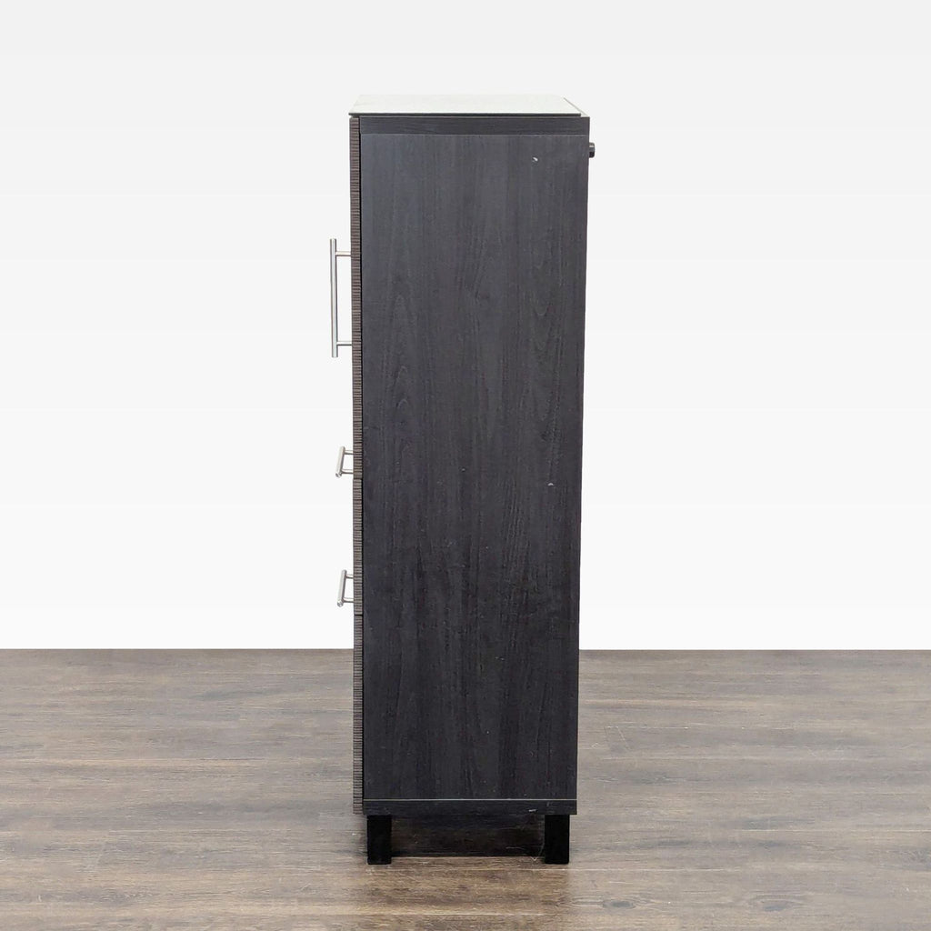 Ikea cabinet with adjustable glass shelves and two spacious drawers, perfect for versatile organization.