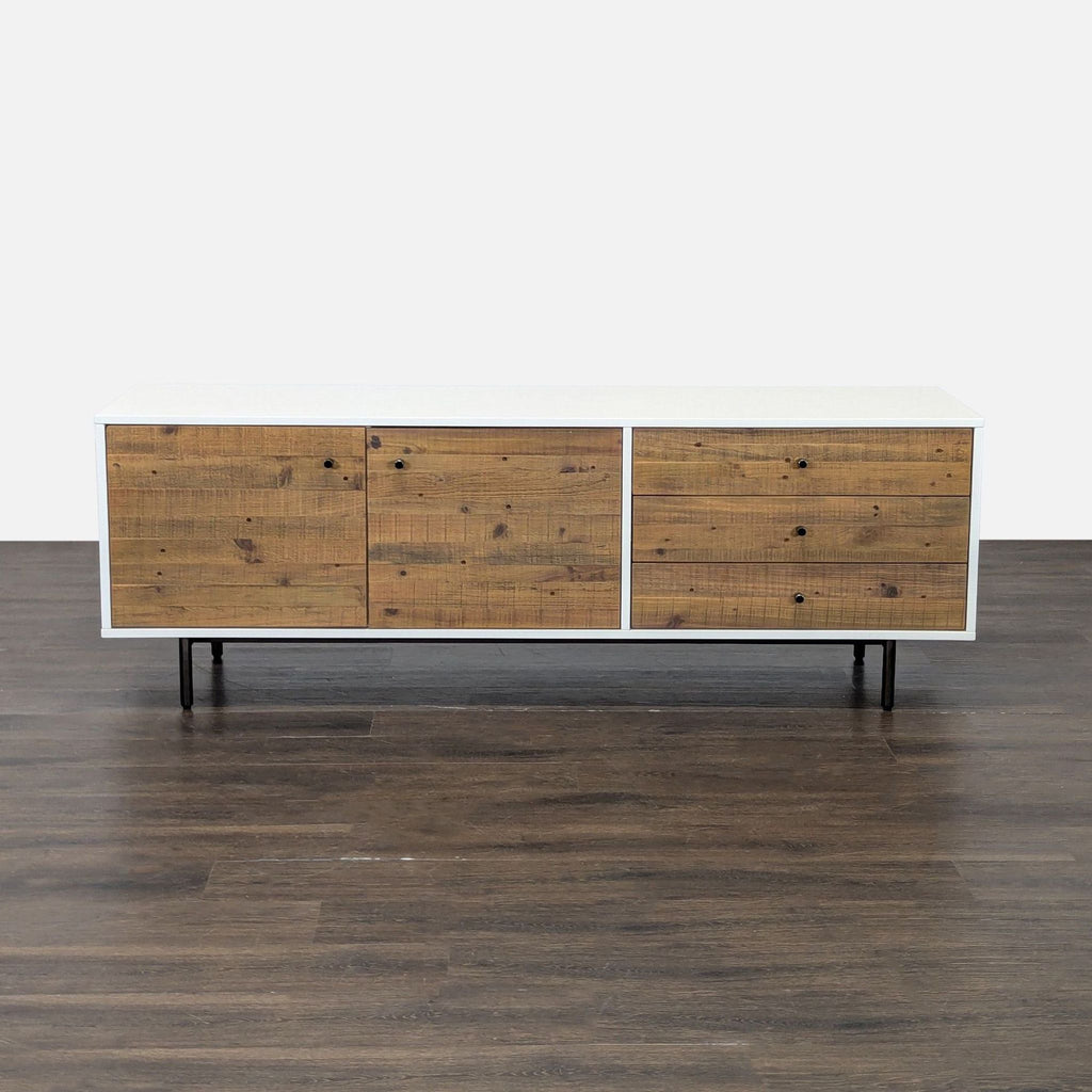 1. West Elm wood and lacquer media console with mid-century style, featuring two doors and three drawers.  