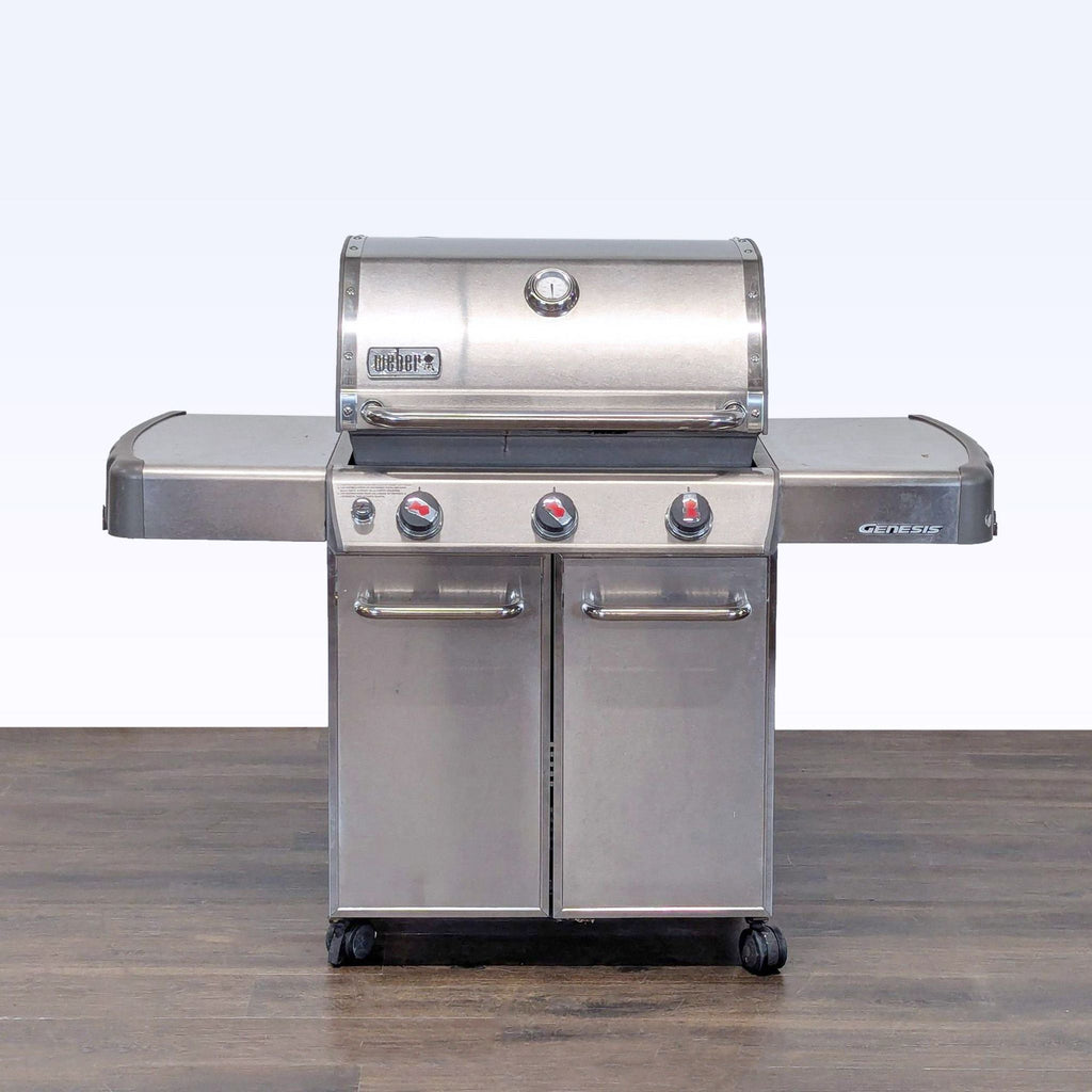 Stainless steel Weber Genesis S-330 propane gas grill with three main burners and side burner on sturdy grill cart.