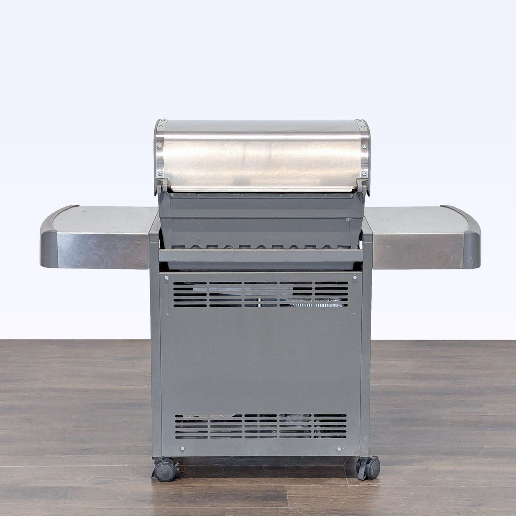 Weber Genesis S-330 grill featuring multiple knobs, side and front shelves, and closed storage under the grill.