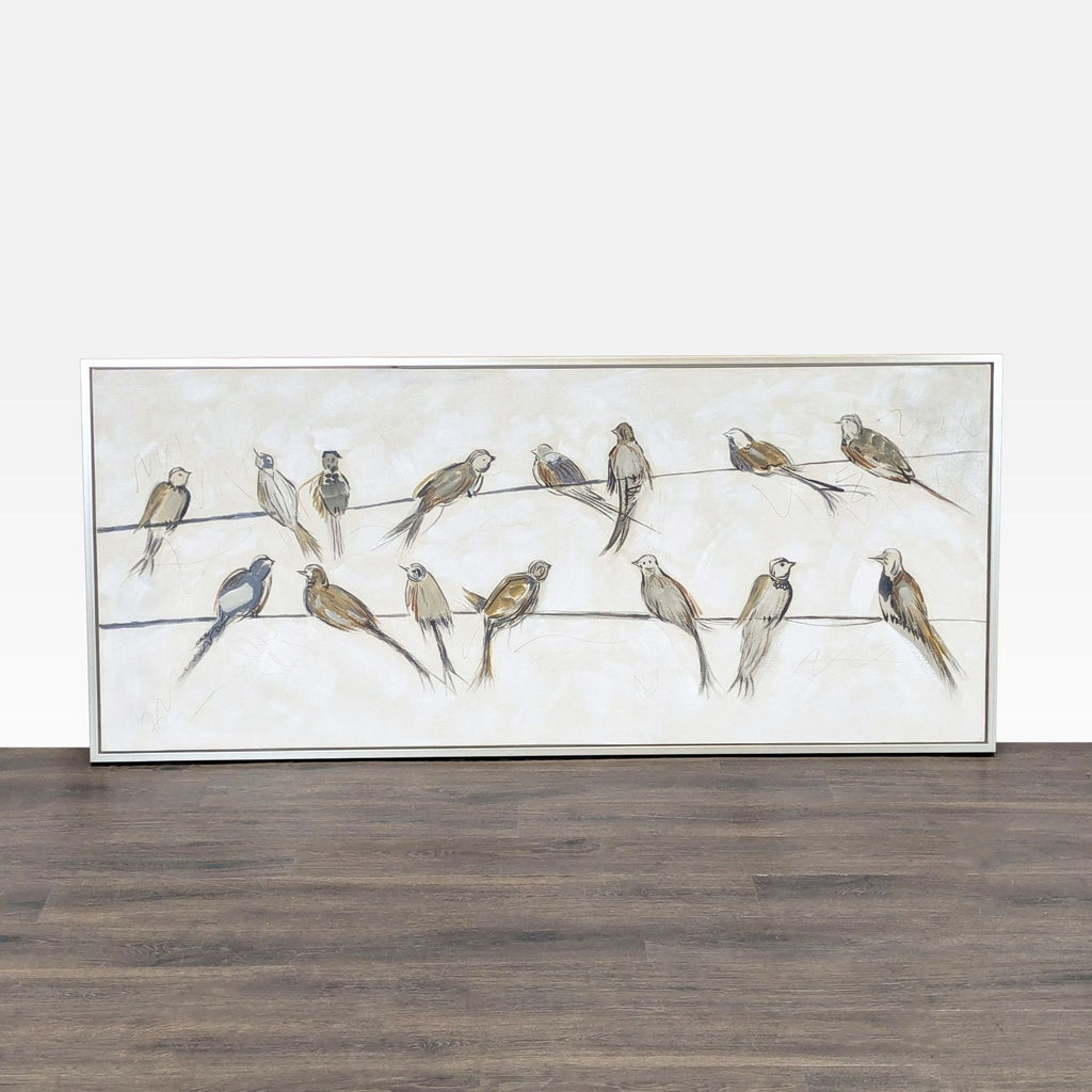 Large framed drawing of expressive birds sitting on wires against a soft, neutral background for wall decor.