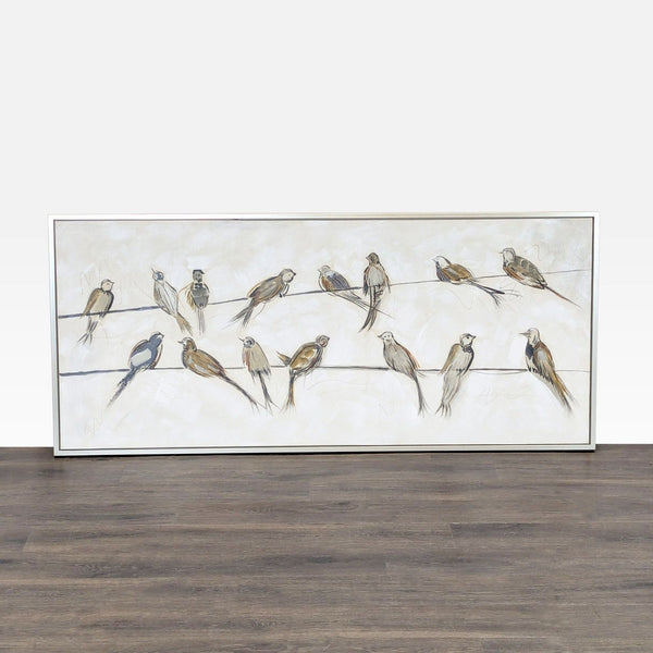 Large framed drawing of expressive birds sitting on wires against a soft, neutral background for wall decor.
