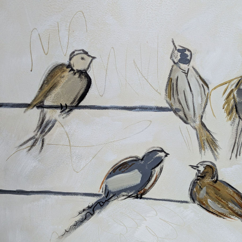 Artistic illustration of birds perched on wires, featuring simple lines and neutral tones, ideal for any room.