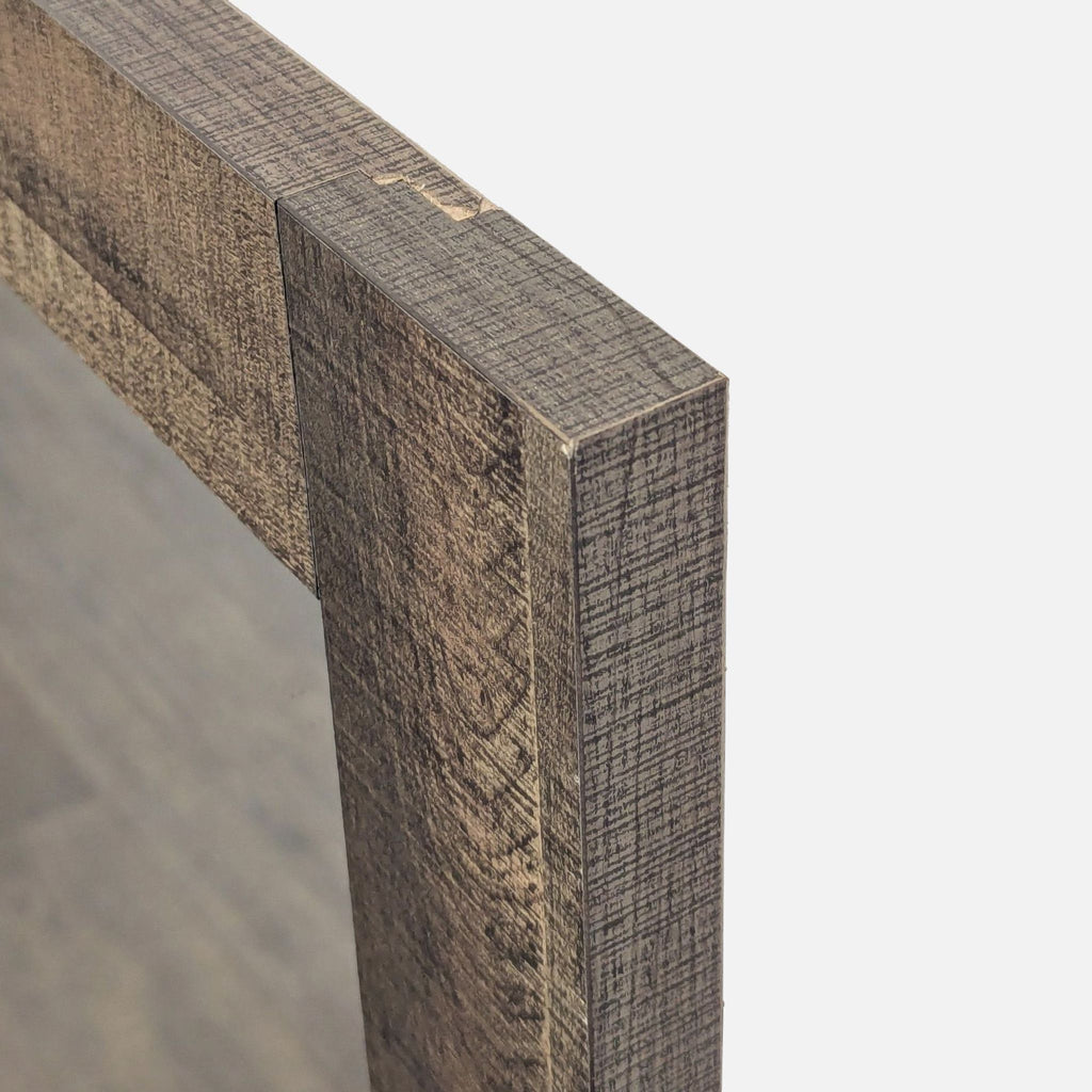 3. Close-up angle of the Crown Mark mirror’s textured rustic wooden frame with visible corner detailing.