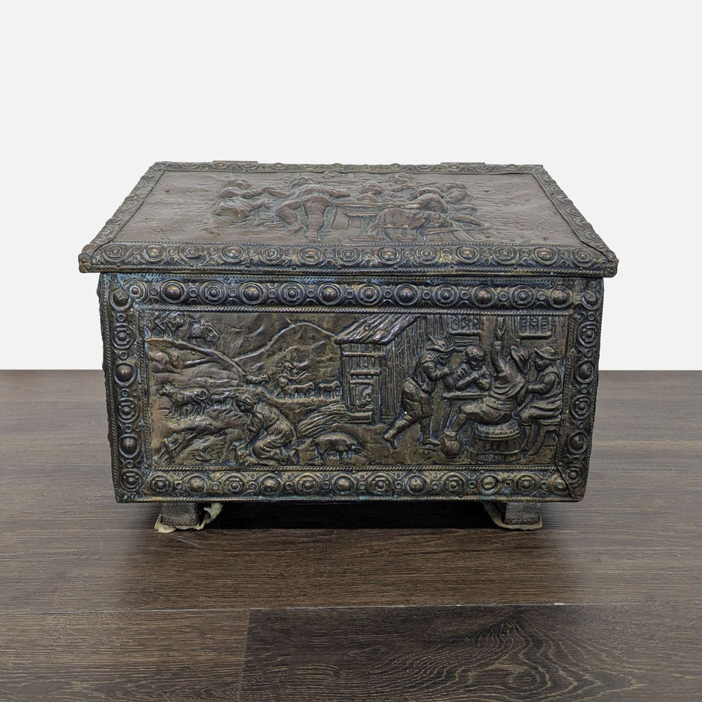 1. Intricate trunk artwork illustrating lively tavern scenes with groups of people socializing indoors.