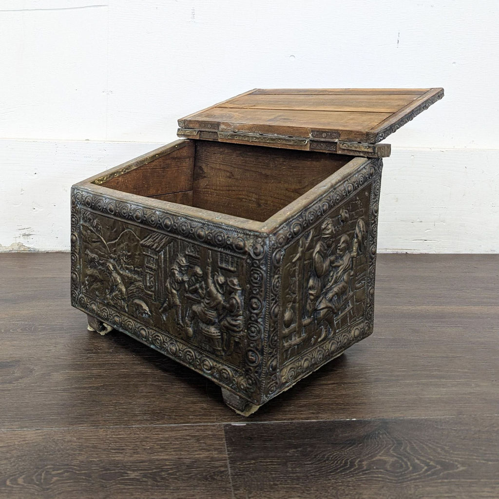 2. Ornate trunk design featuring detailed depictions of bustling tavern gatherings and communal drinking.