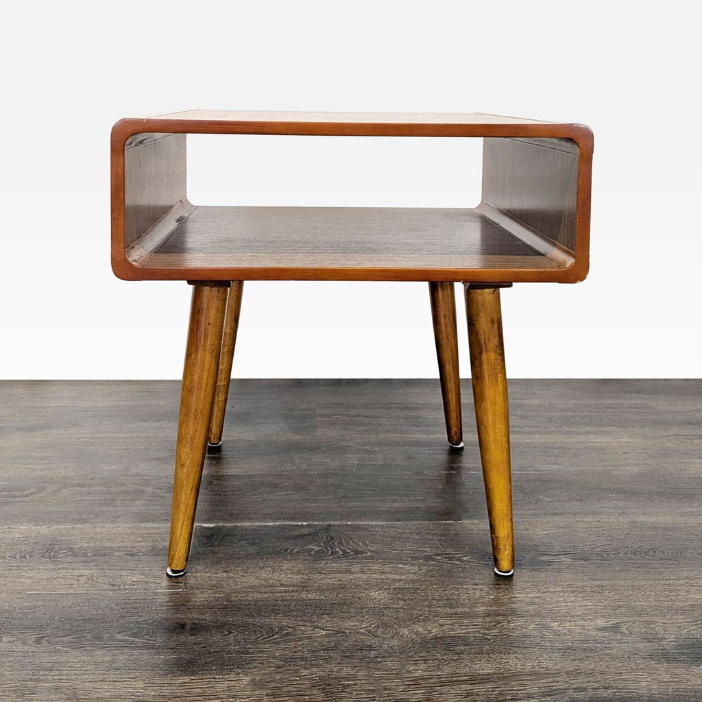 2. Single vintage-style end table with open shelf design and tapered wooden legs, shown from front view.