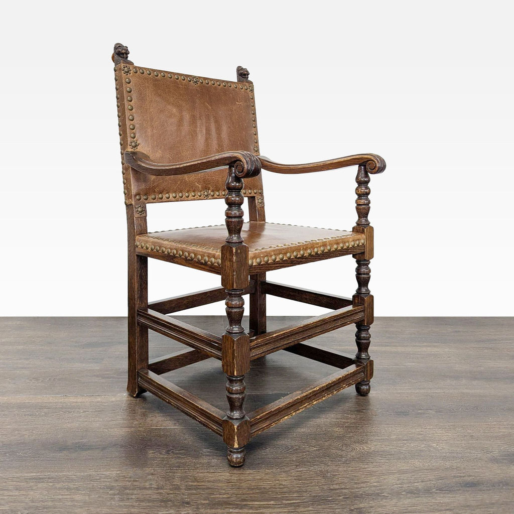Carved finial dining chair with nailhead trim, perfect for formal dining room settings.