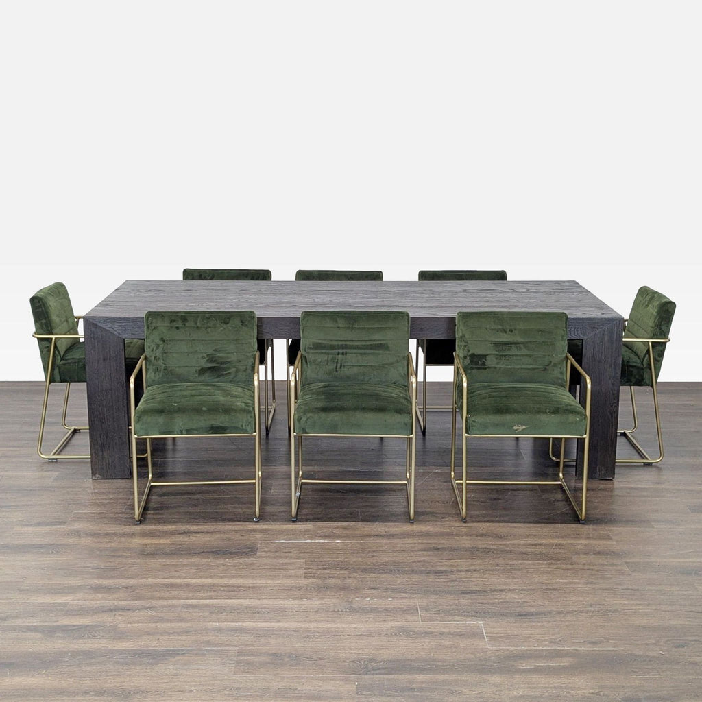 3. Full dining set of a dark wood table and 8 green velvet chairs with gold frames, arranged in a row.