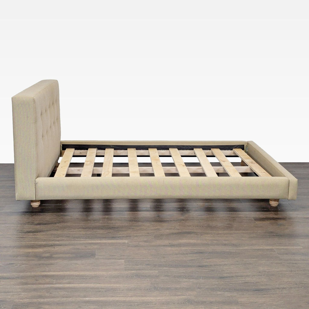 Crate & Barrel Tate Beige Upholstered Bed Frame with Tufted Headboard
