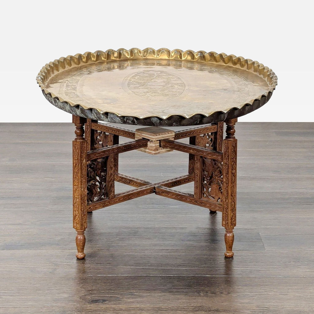 Brass Tray Top Coffee Table on Wood Stand