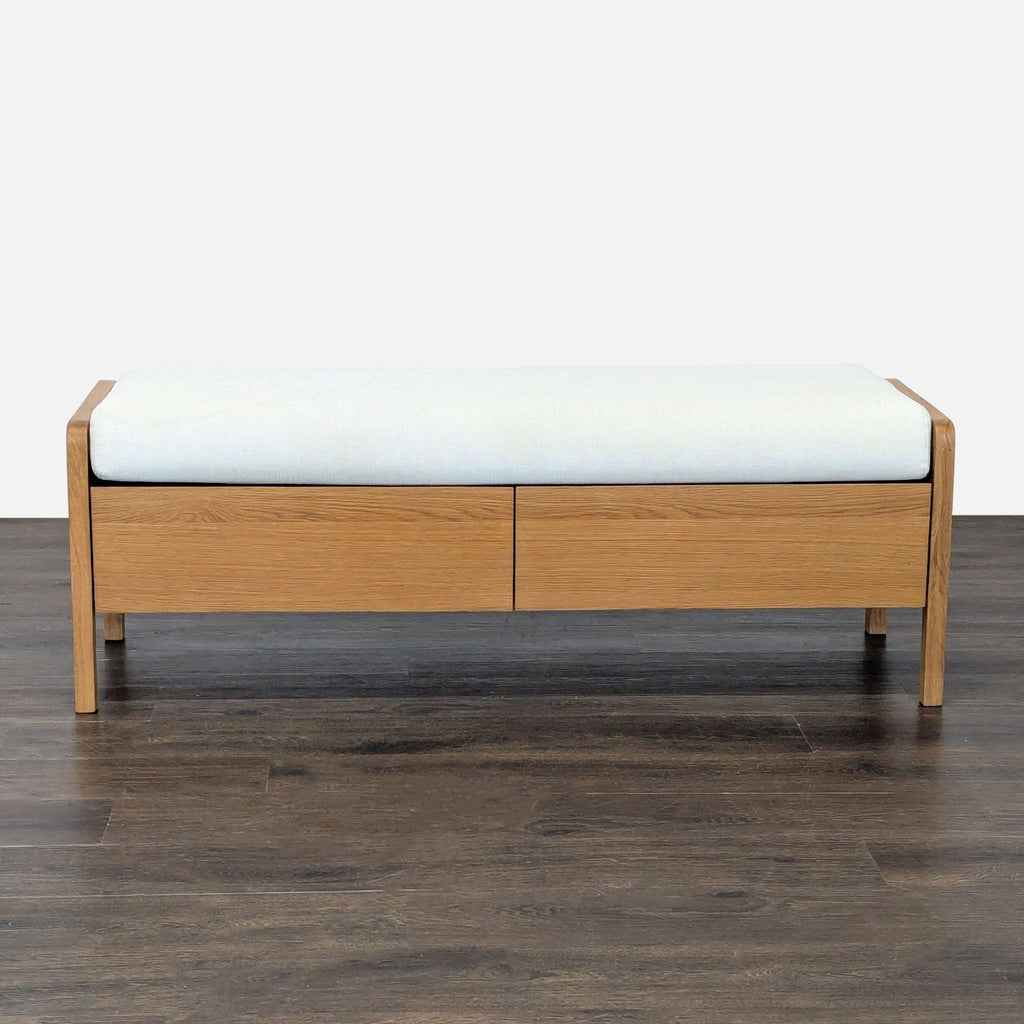 1. Modern wooden bench with white cushion and two front drawers, perfect for entryways or bedrooms.