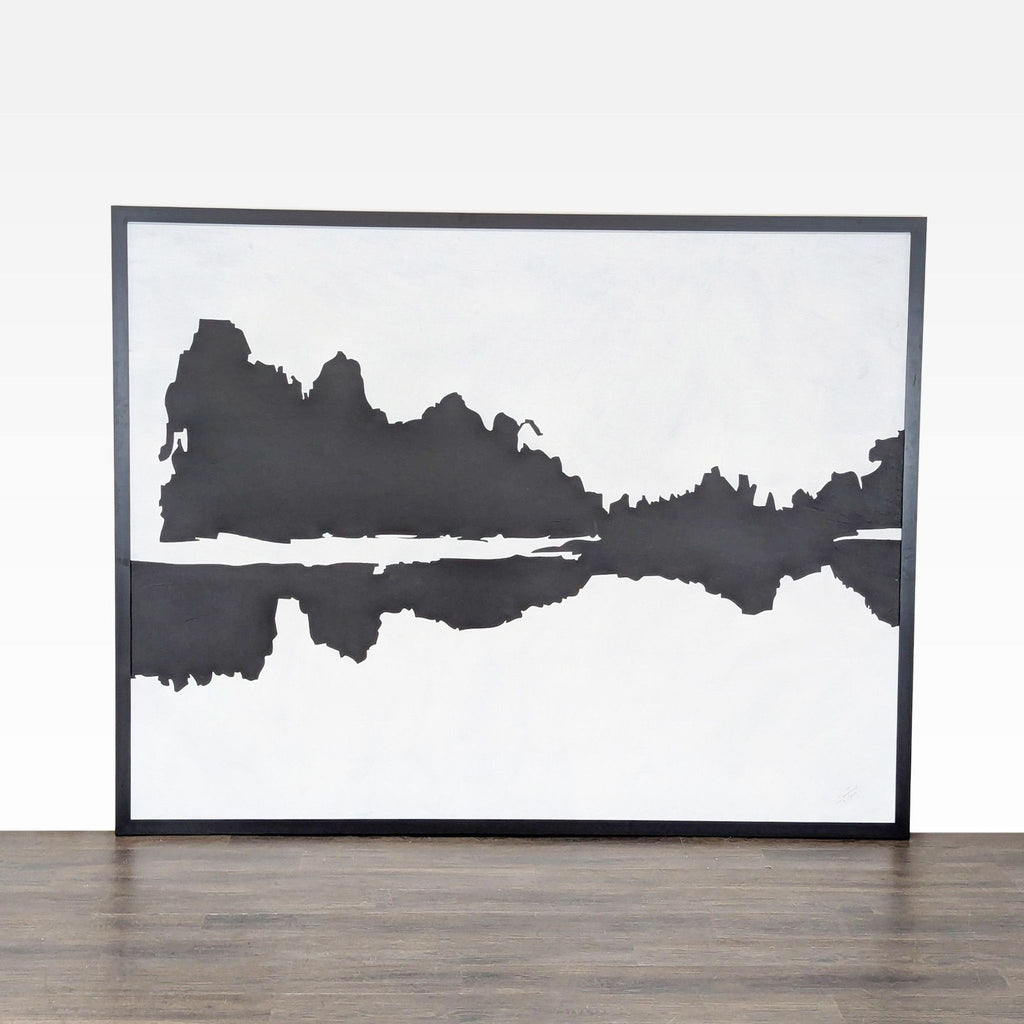 1. Framed black and white abstract landscape painting with mirrored reflection, bold shapes, and modern style.  