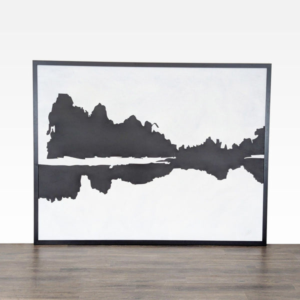 1. Framed black and white abstract landscape painting with mirrored reflection, bold shapes, and modern style.  