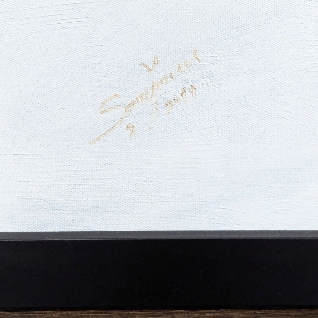 2. Close-up of artist's signature and date, handwritten in the corner of the abstract painting on white canvas.  
