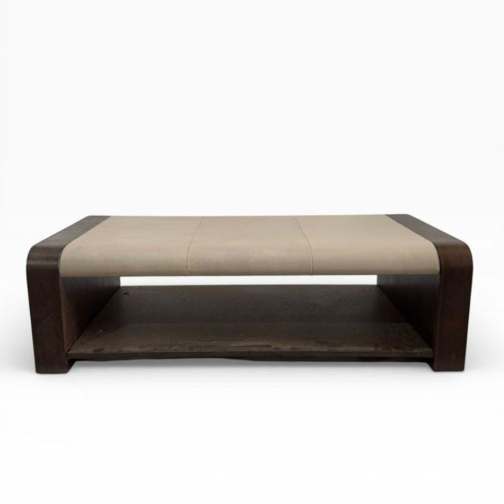 1. Modern Alder & Tweed coffee table with a solid wood frame and premium leather top, featuring an open lower shelf.