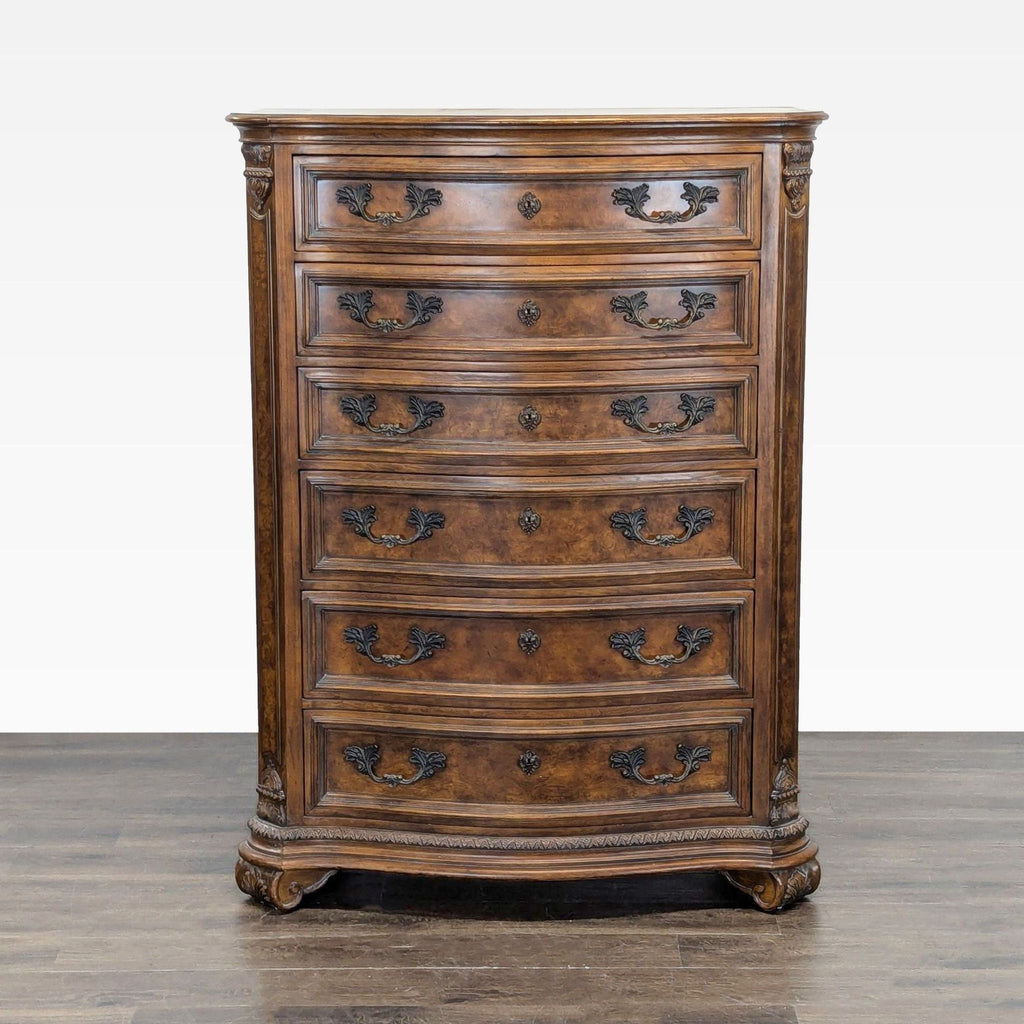 1. Drexel Heritage dresser with six carved drawers and ornate handles in a rich wood finish, classic and elegant.