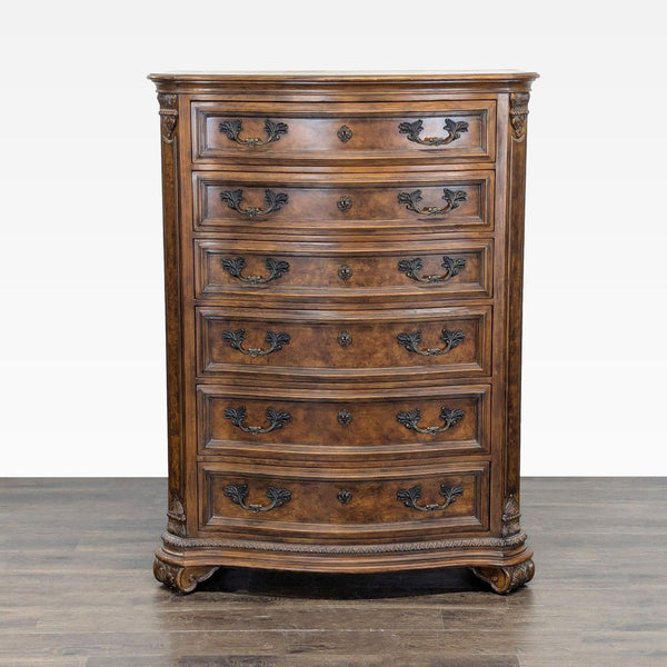 1. Drexel Heritage dresser with six carved drawers and ornate handles in a rich wood finish, classic and elegant.