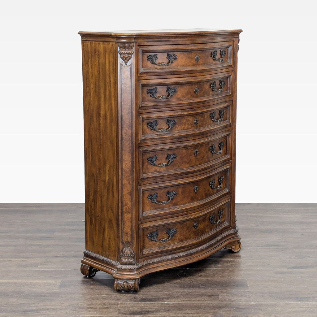 3. Angled photo of a solid Drexel Heritage dresser with intricate woodwork and spacious storage drawers, vintage look.