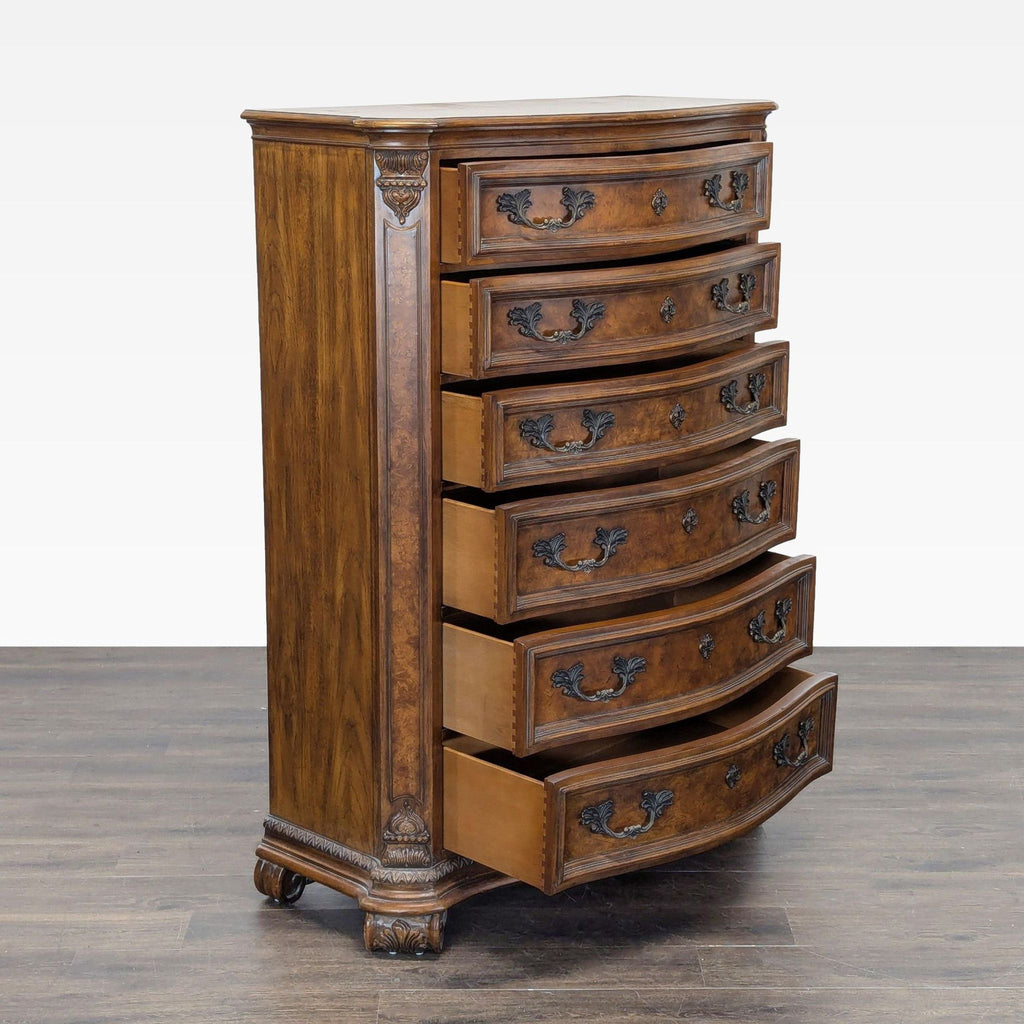 2. Side view of a Drexel Heritage dresser showing open curved drawers and detailed metal handles, traditional style.