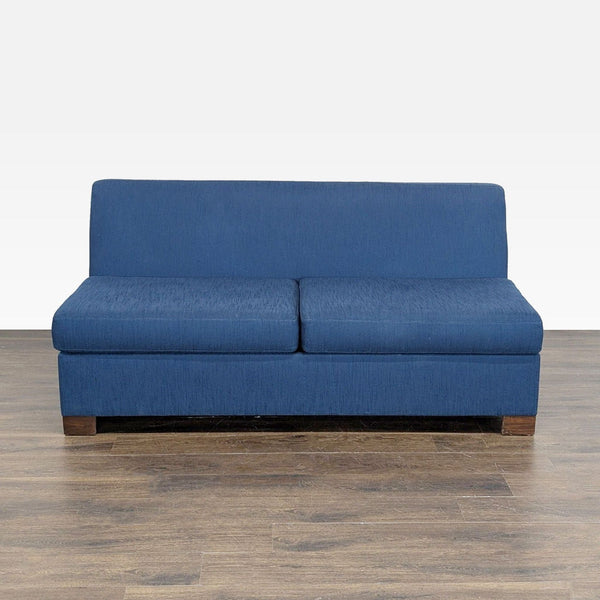 1. Blue Viesso sleeper sofa with modern design, perfect for small spaces or guest rooms, shown on wood floor.
