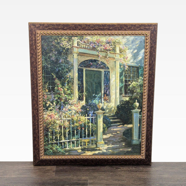 1. Framed HomeGoods print of a garden entrance with blooming flowers, ornate columns, and a cozy, classic frame.