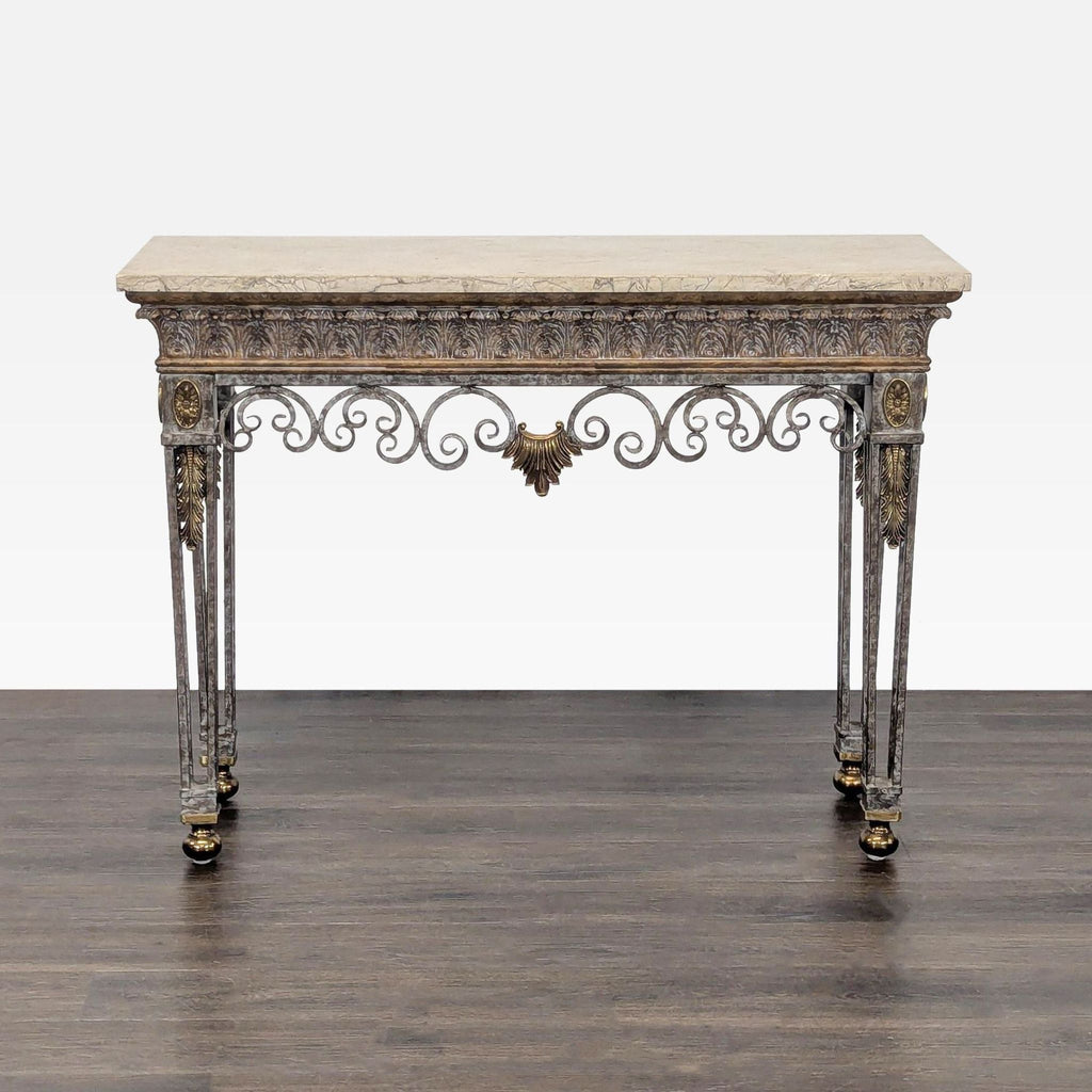 Marble top side table with ornate iron base and brass accents by Maitland-Smith, front view.  