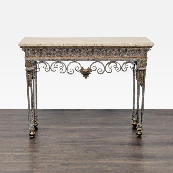 Marble top side table with ornate iron base and brass accents by Maitland-Smith, front view.  