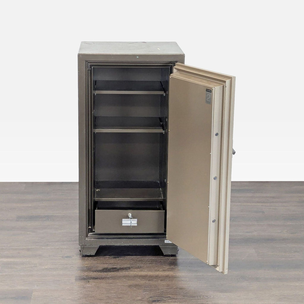 Sturdy Maximum safe featuring a heavy metal door, organized storage, and secure locking mechanisms; lightly worn.