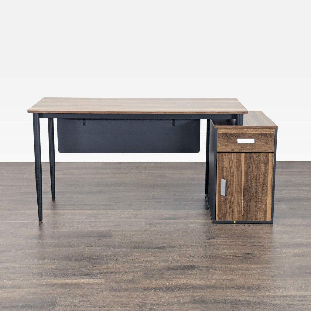 Sleek Tribesigns desk with woodgrain top, black metal frame, and storage cabinet, ideal for modern offices.