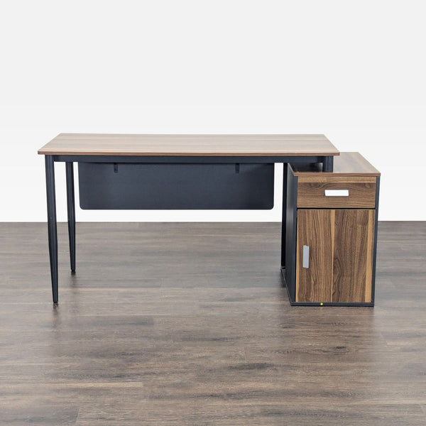 Sleek Tribesigns desk with woodgrain top, black metal frame, and storage cabinet, ideal for modern offices.