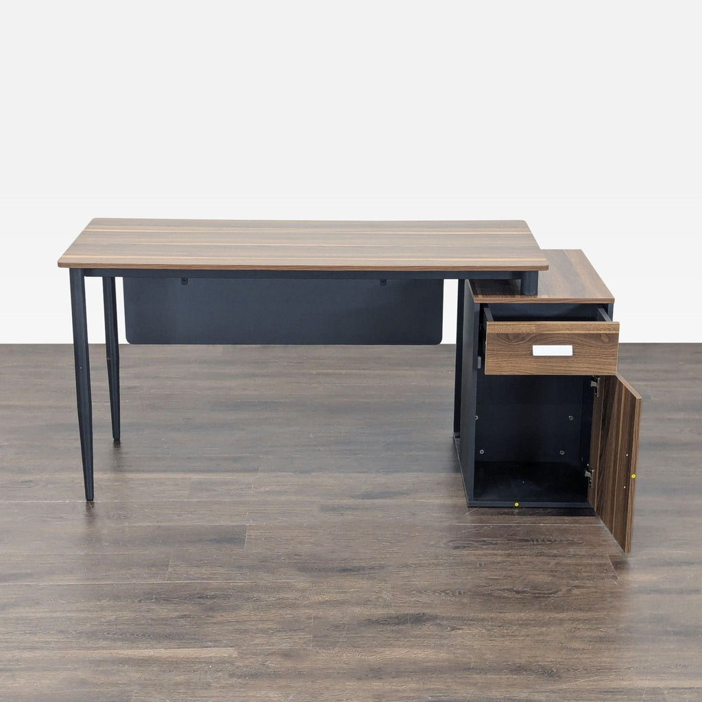 Modern desk by Tribesigns featuring a warm wood finish, black frame, drawer, door, and clean-lined design.