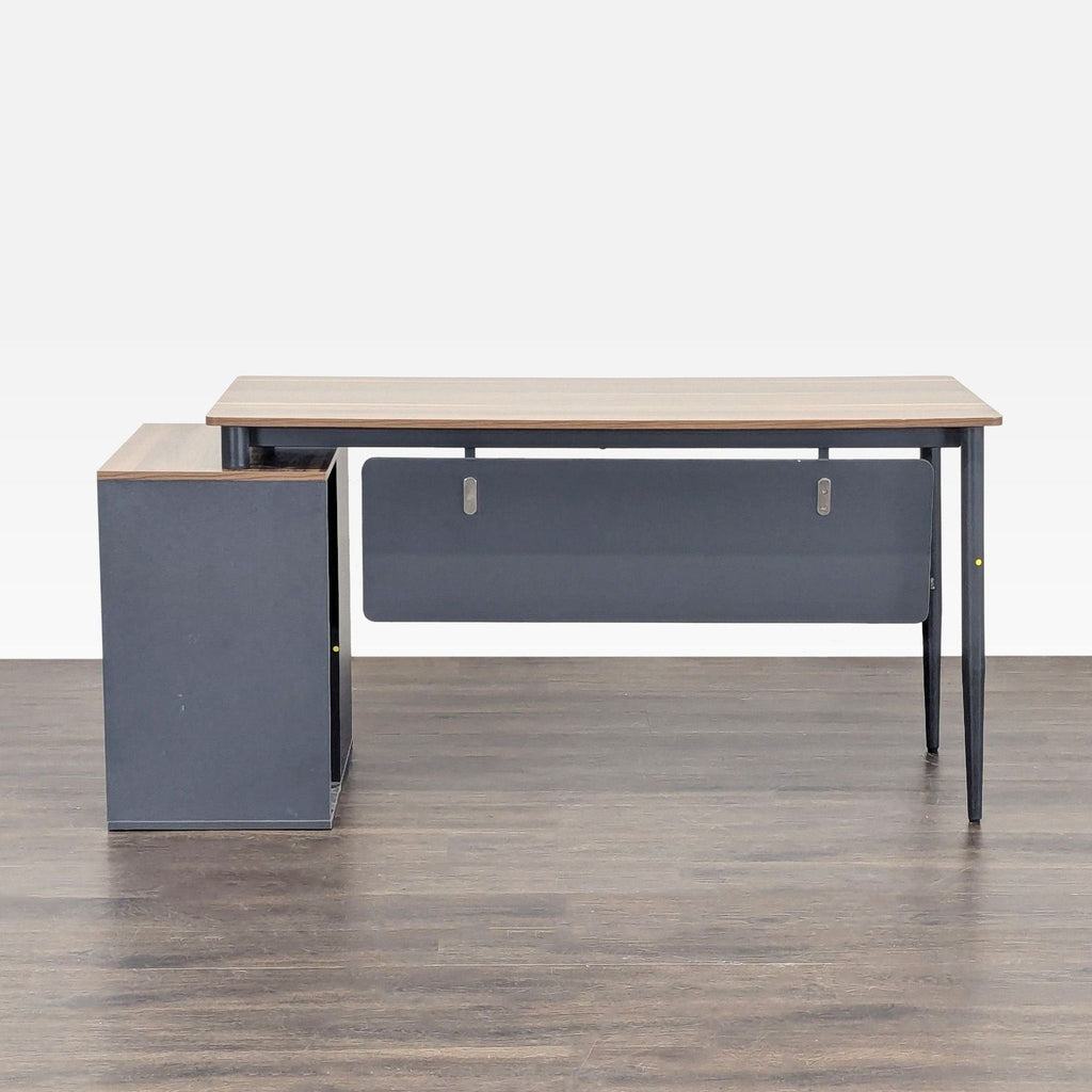Contemporary home office desk with integrated storage, woodgrain surface, and black legs by Tribesigns.