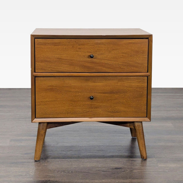1. Najarian Furniture end table with two drawers, mid-century modern design, shown from the front on wood flooring.