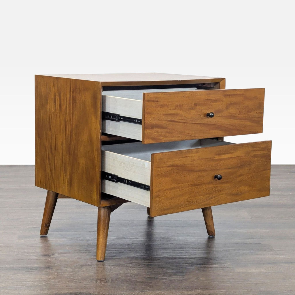 2. Side angle of Najarian Furniture end table, both drawers open, displaying interior and angled wooden legs.