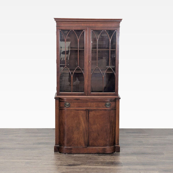 1. Drexel hutch with elegant glass doors, upper shelves, and spacious lower storage, shown on wood floor.